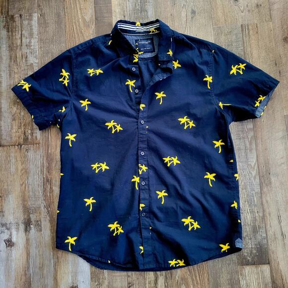 Denim & Flowers Men’s M Shirt – Navy Yellow Palm Tree Button Up, Short Sleeve - Picture 1 of 9